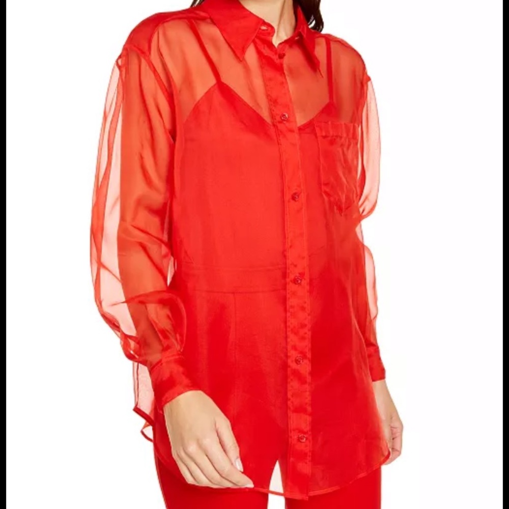 Sheer Red Button-Front Women's Blouse